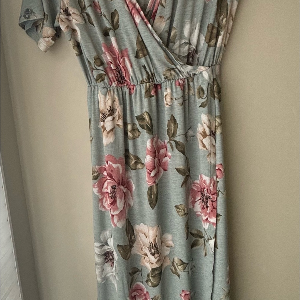 Floral Faux Wrap Dress in Pink and Blue